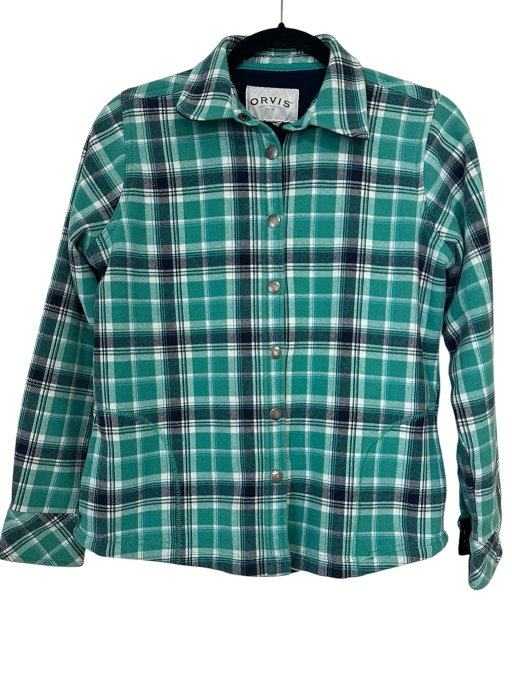 ORVIS spring green/navy plaid flannel fleece lined snap front shacket size Small